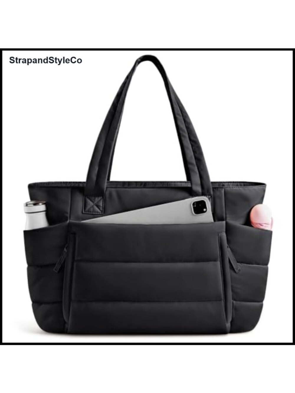 Quilted Puffer Tote Bag Zipper Compartment Laptop Work Travel
